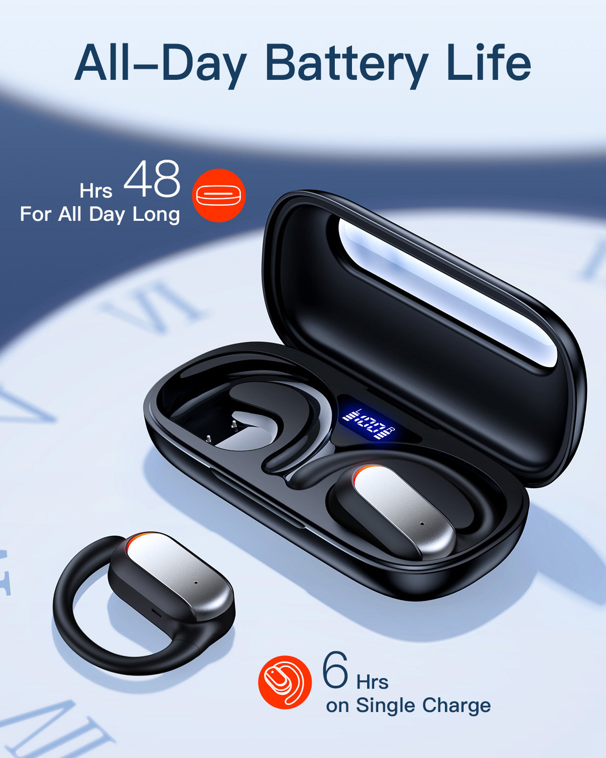 Open Ear Headphones Wireless Earbuds 48Hrs Playtime Bluetooth 5.4 Ear buds with Earhook Stereo Sound Earphones with 16mm Speakers Air Conduction Touch Control Headsets for Workout Running Sports Black